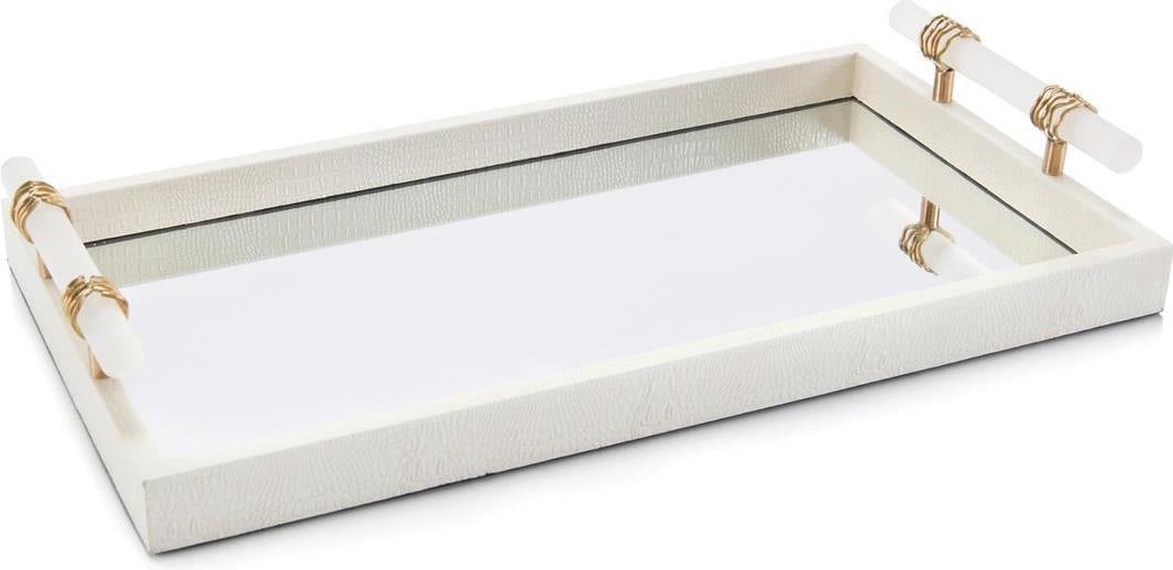 John-Richard Hollywood Regency White Mirrored Tray with Handles: John-Richard Hollywood Regency White Mirrored Tray with Handles Elevate your decor with this elegant Traditional White Mirrored Tray featuring stylish handles. Crafted with a luxurious alabaster ename