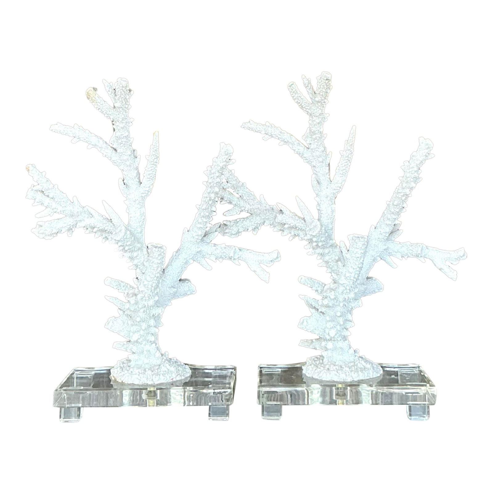 Vintage Coastal Faux Coral Lamps Pair White Resin Lucite Metal: Vintage Coastal Faux Coral Lamps Pair White Resin Lucite Metal Enhance your living space with this exquisite pair of vintage coastal lamps, featuring stunning faux coral branches that exude seaside el