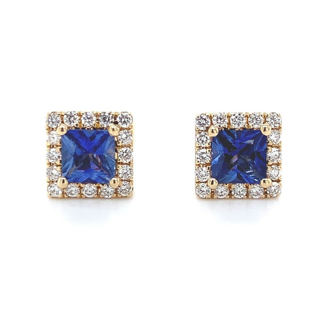 14k Yellow Gold Square Stud Earrings Blue Sapphire Diamond Halo (1 of 7)