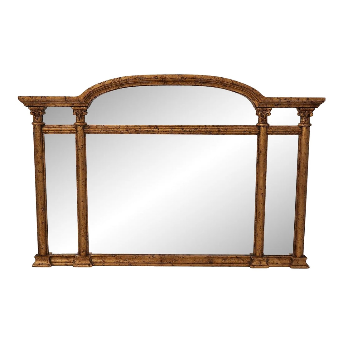 Elegant Federal Style Gold Leaf Finish Over Mantle Mirror: Elegant Federal Style Gold Leaf Finish Over Mantle Mirror This exquisite Federal Style Over Mantle Mirror features a beautifully crafted wood frame adorned with a stunning gold leaf finish. The mirror