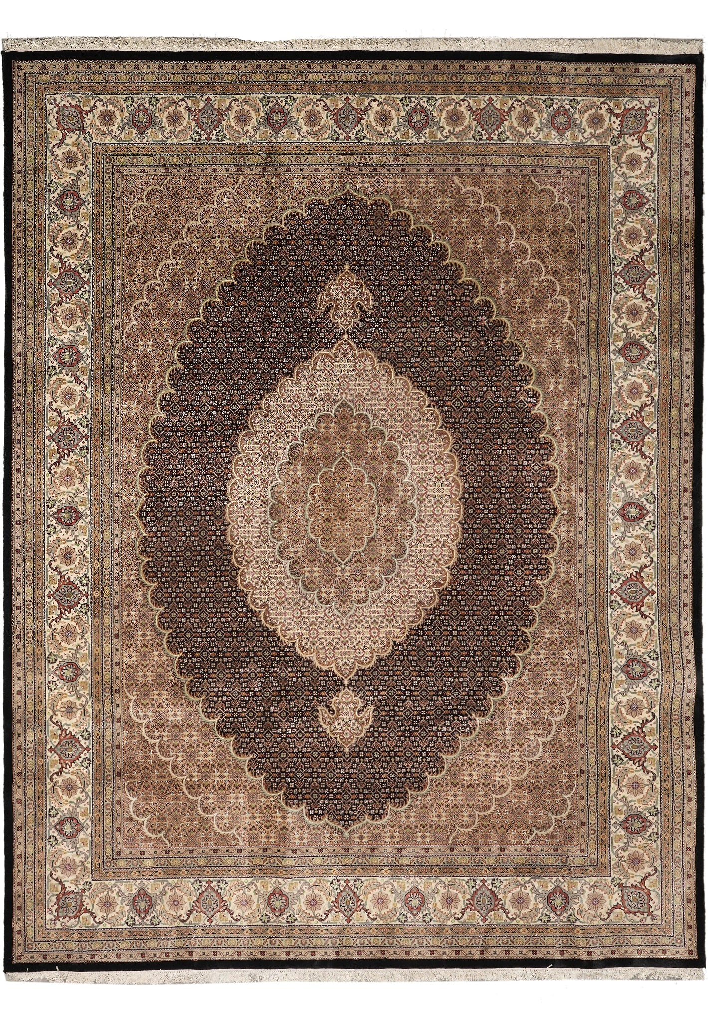 8 x 10.2 Black Tabriz Mahi Handmade Persian Wool Silk Rug: 8 x 10.2 Black Tabriz Mahi Handmade Persian Wool Silk Rug Free continental US Shipping This handmade Tabriz Mahi rug is expertly crafted in the renowned Persian weaving tradition. It features the clas