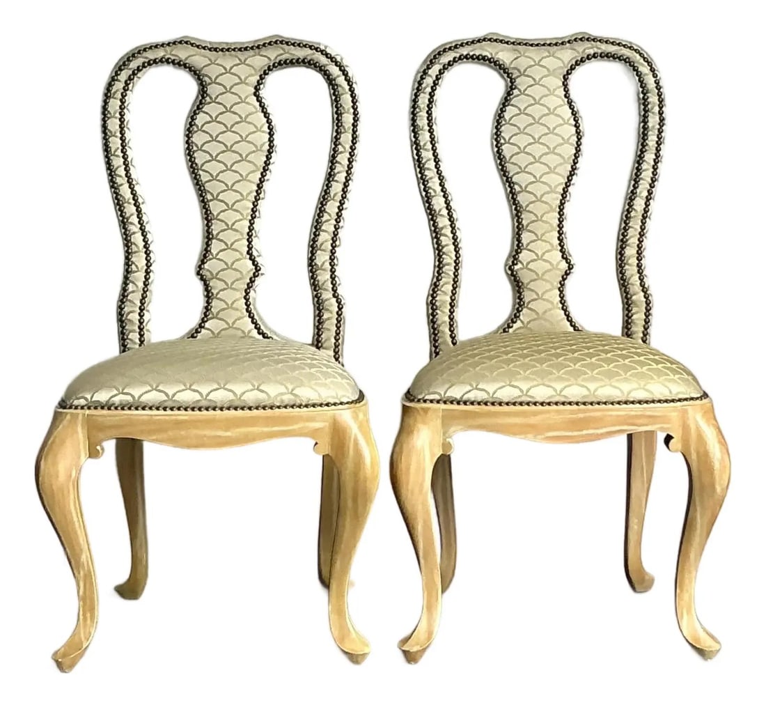 Pair of Queen Anne Style Regency Nailhead Trim Upholstered Dining Chairs: Pair of Queen Anne Style Regency Nailhead Trim Upholstered Dining Chairs This elegant pair of vintage Regency Nailhead Queen Anne dining chairs features graceful Queen Anne-style legs and a Regency-in