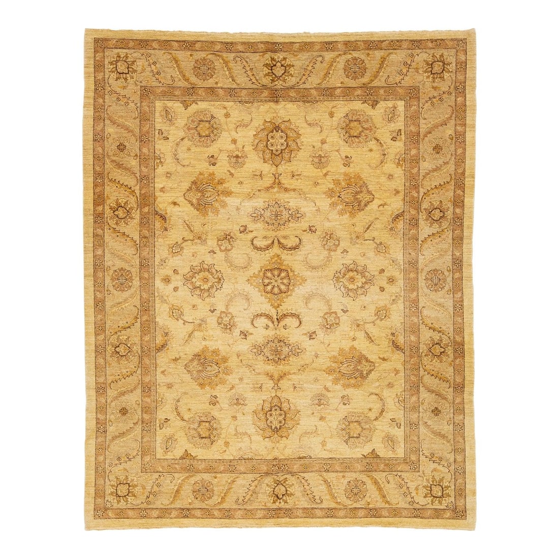 Handmade Modern Peshawar Wool Rug Tan Beige 9'1 x 11'6: Handmade Modern Peshawar Wool Rug Tan Beige 9'1 x 11'6 Enhance your living space with this exquisite handmade Peshawar wool rug, featuring a modern design in a warm tan-beige field adorned with elegan