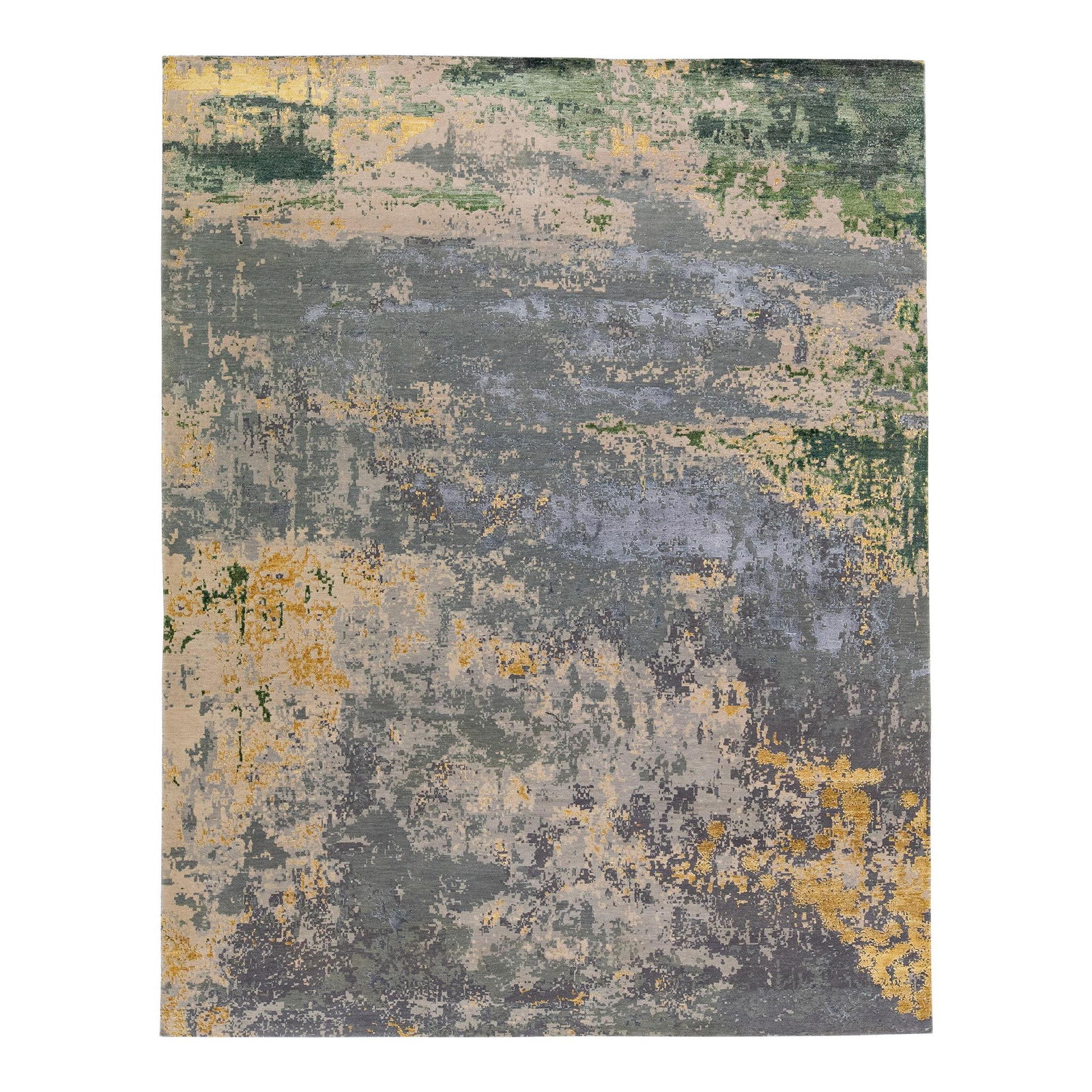 Handmade Abstract Gray Wool Silk Rug 8' x 10' Indian Design: Handmade Abstract Gray Wool Silk Rug 8' x 10' Indian Design Elevate your living space with this exquisite handmade rug, crafted from a luxurious blend of wool and silk. The abstract design features a