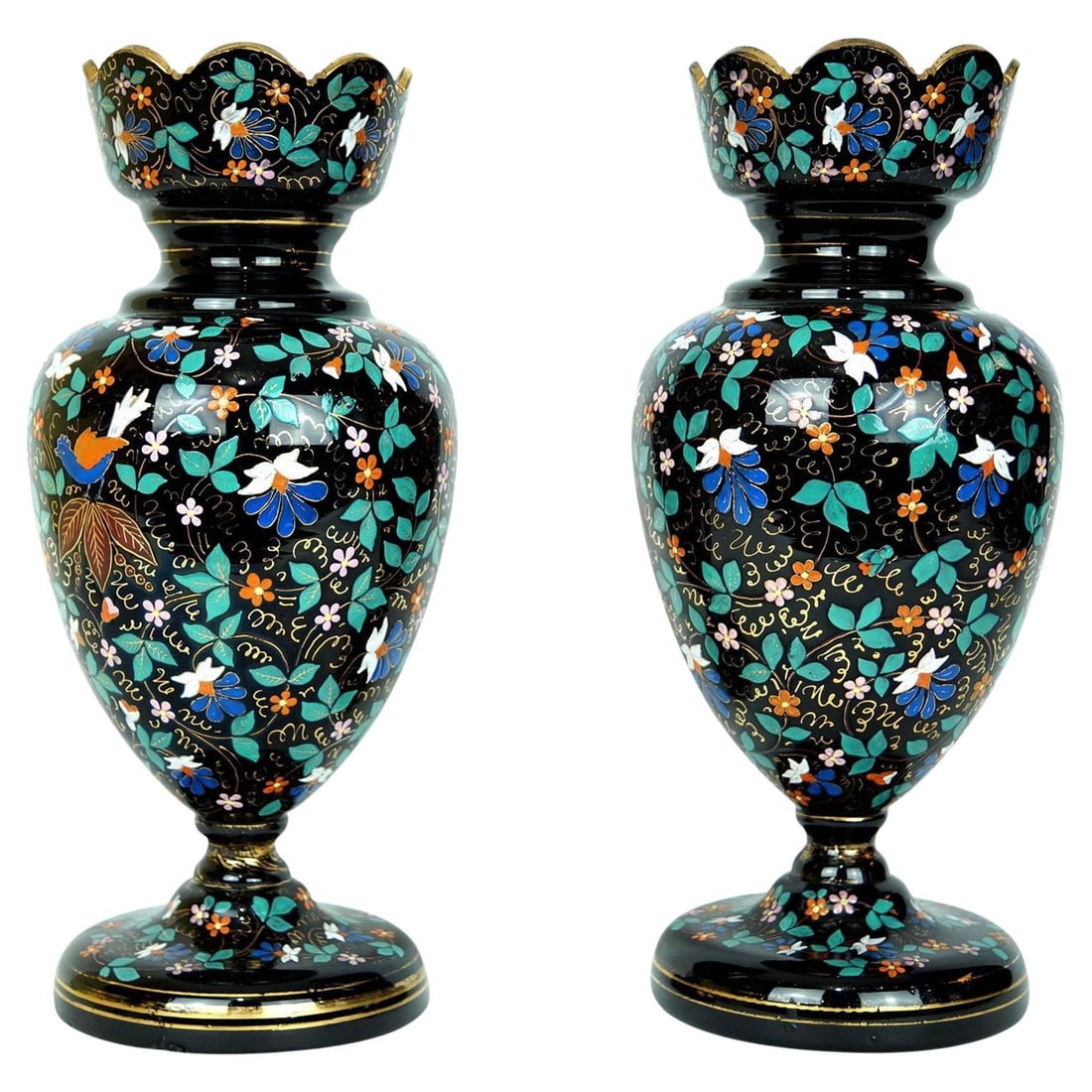 Set of 2 Moser Art Glass Vases with Enamel Bird and Floral Motifs (1 of 5)