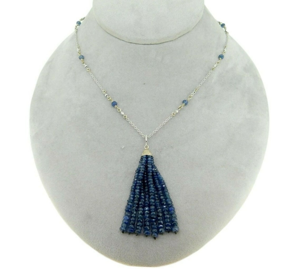 14k White Gold Diamond Sapphire Tassel Pendant Necklace GIA Certified: 14k White Gold Diamond Sapphire Tassel Pendant Necklace GIA Certified This stunning 14k White Gold Tassel Pendant features a captivating design with genuine natural blue sapphires and diamonds. The pe