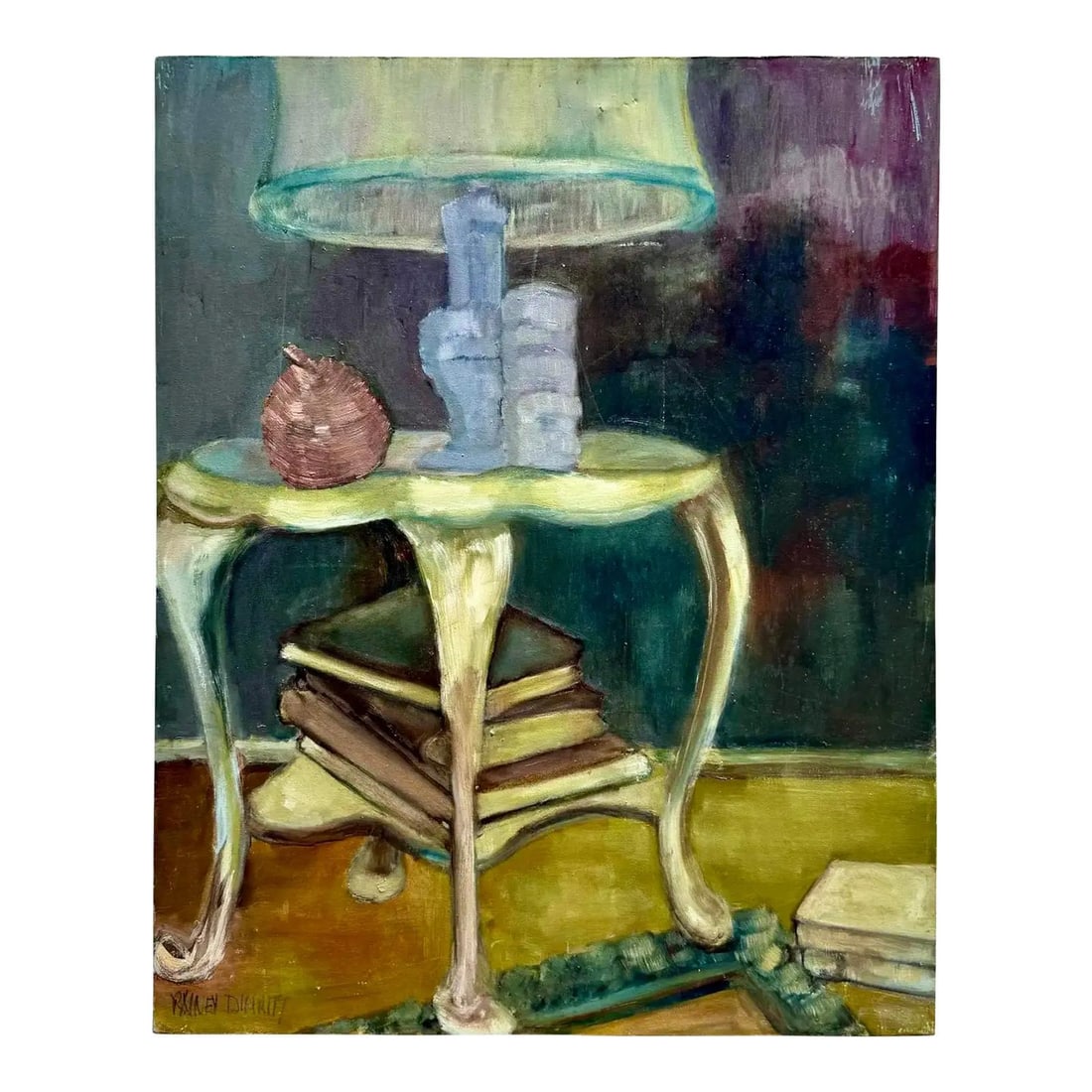 Signed Abstract Bohemian Still Life Oil Painting on Canvas: Signed Abstract Bohemian Still Life Oil Painting on Canvas This vintage Boho abstract still life is an expressive oil painting on canvas, signed by the artist. The composition features a small, rounde