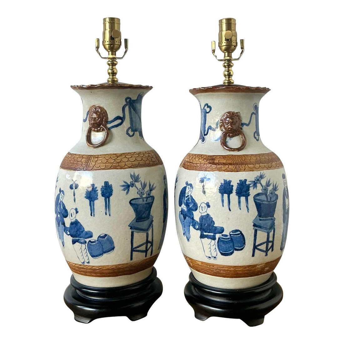 Pair of Chinoiserie Cobalt Blue White Porcelain Vase Table Lamps (1 of 10)