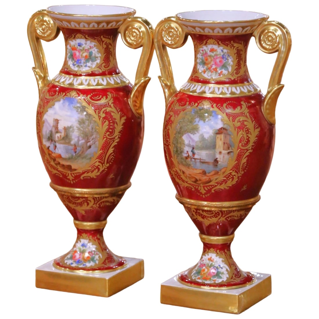 Set of Two French Porcelaine de Paris Hand Painted Neoclassical Urns Circa 1890 (1 of 14)