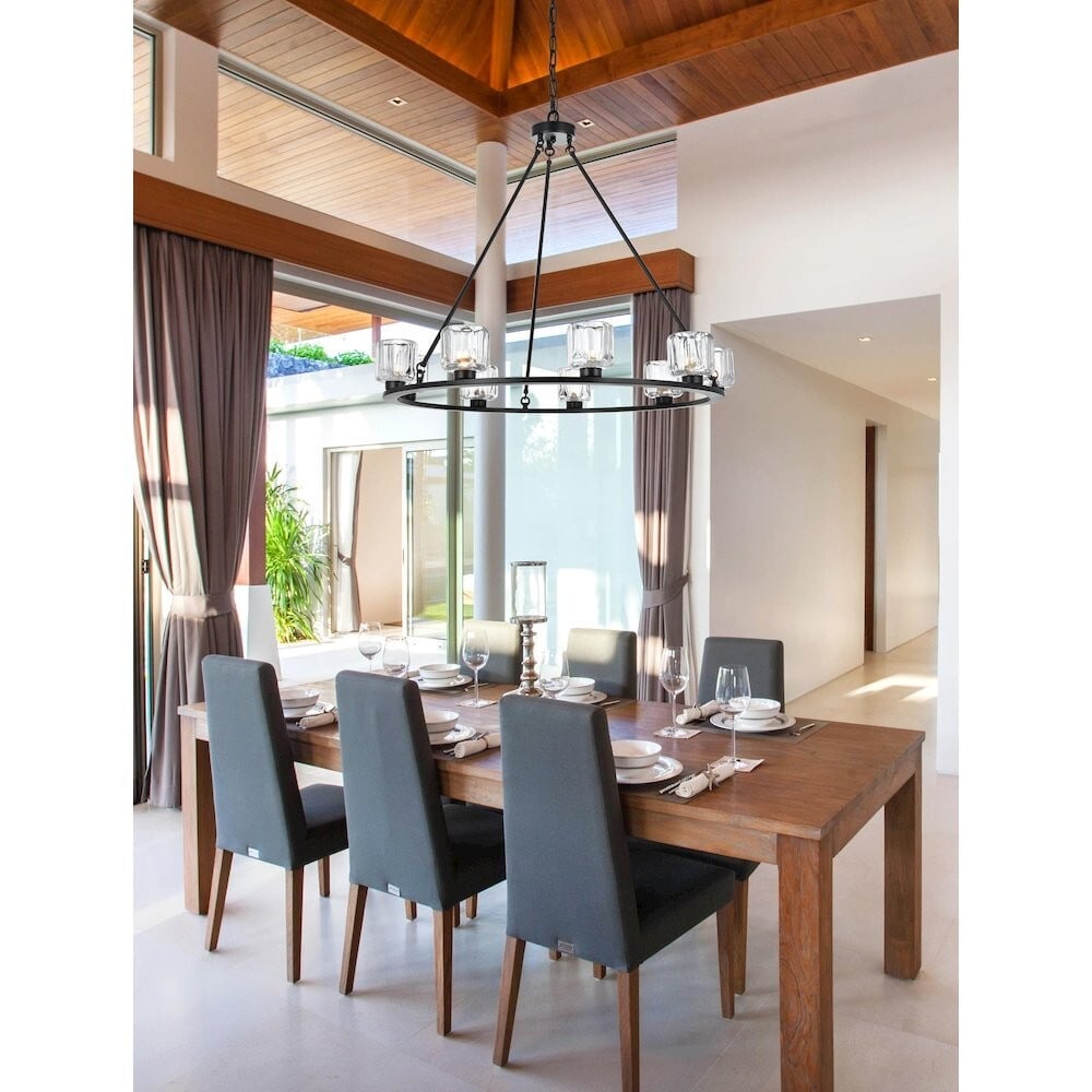 Cadence 9-Light Black Farmhouse Chandelier 36-Inch: Cadence 9-Light Black Farmhouse Chandelier 36-Inch Illuminate your space with this stunning 9 Light Farmhouse Chandelier, designed to enhance any room's ambiance. Featuring a stylish black metal frame