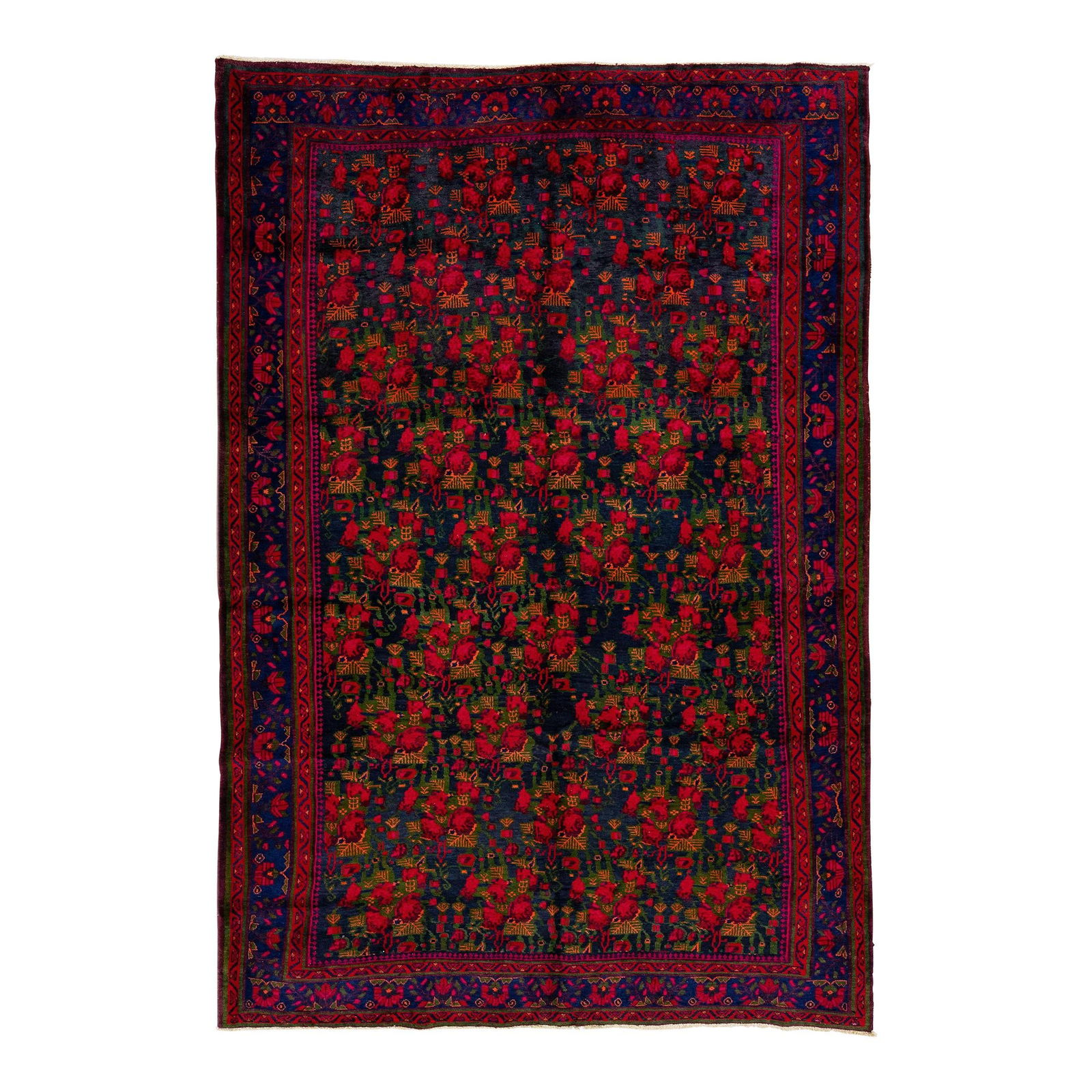 Vintage Persian Bidjar Hand-Knotted Navy Blue Wool Rug 7'4 x 10'10: Vintage Persian Bidjar Hand-Knotted Navy Blue Wool Rug 7'4 x 10'10 This exquisite vintage Persian Bidjar rug showcases a stunning hand-knotted wool construction with a rich navy blue field. It feature