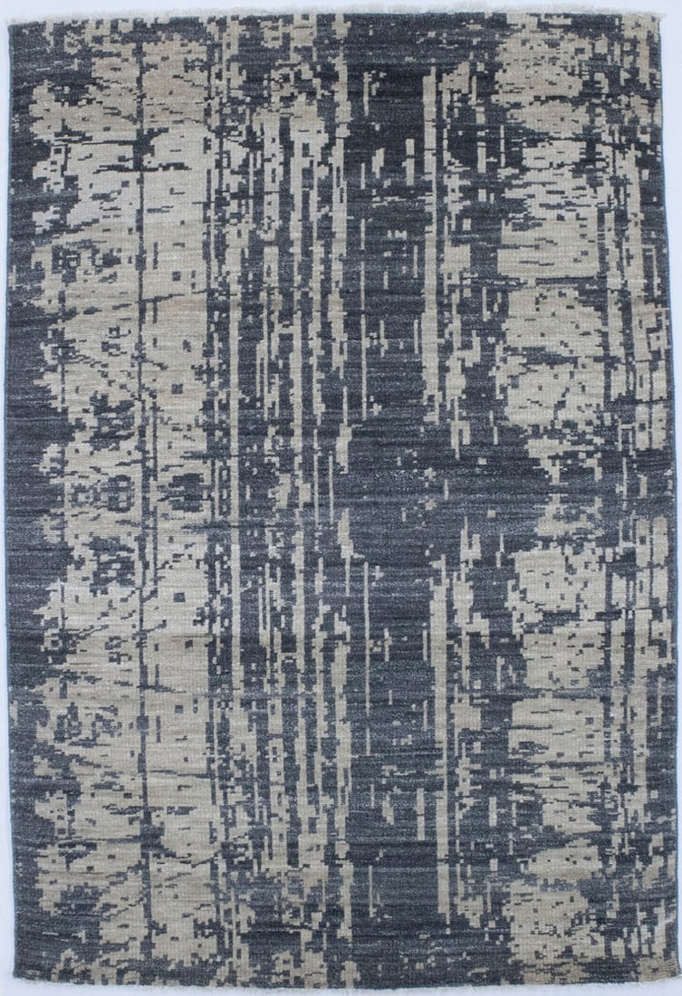 Handmade Abstract Wool Area Rug 4'1 x 6' Modern Indian Carpet: Handmade Abstract Wool Area Rug 4'1 x 6' Modern Indian Carpet This hand-knotted contemporary rug features an abstract modern design with a multicolored palette that includes cream and dark grey. Craft