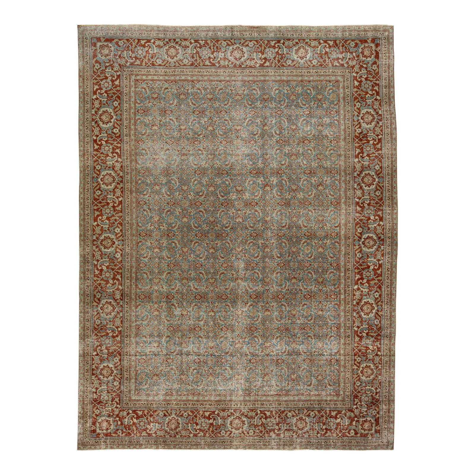 Antique Persian Tabriz Floral Wool Rug 8'9 x 11'6 Blue: Antique Persian Tabriz Floral Wool Rug 8'9 x 11'6 Blue Elevate your space with this exquisite antique Persian Tabriz rug from the 1920s. Featuring a striking blue field adorned with an intricate flora