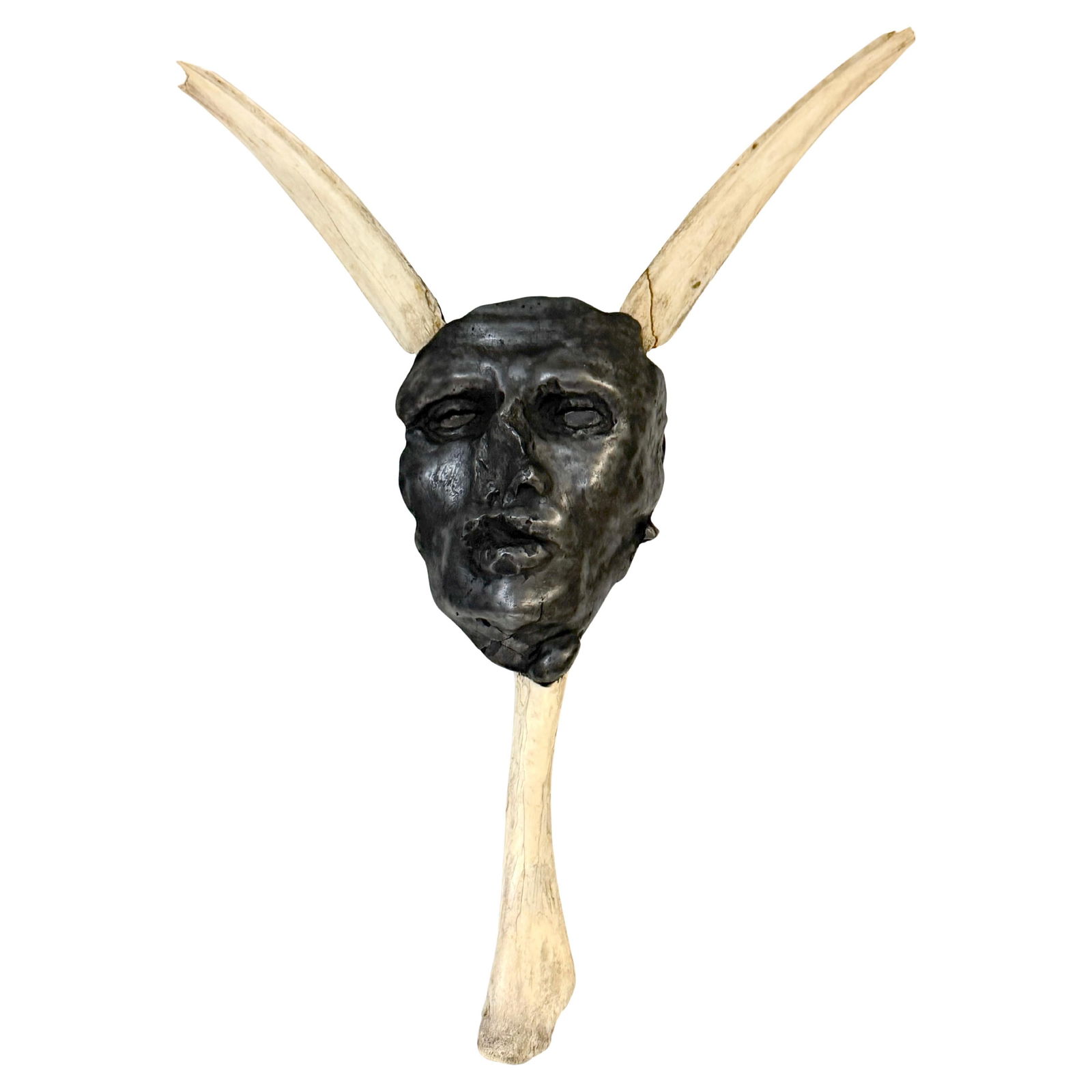 Modern Wall Sculpture Mask by China Marks with Lucite Eyes and Bone Elements: Modern Wall Sculpture Mask by China Marks with Lucite Eyes and Bone Elements This striking wall-mounted sculpture by American artist China Marks (born 1942) features a powerful, mask-like visage rende