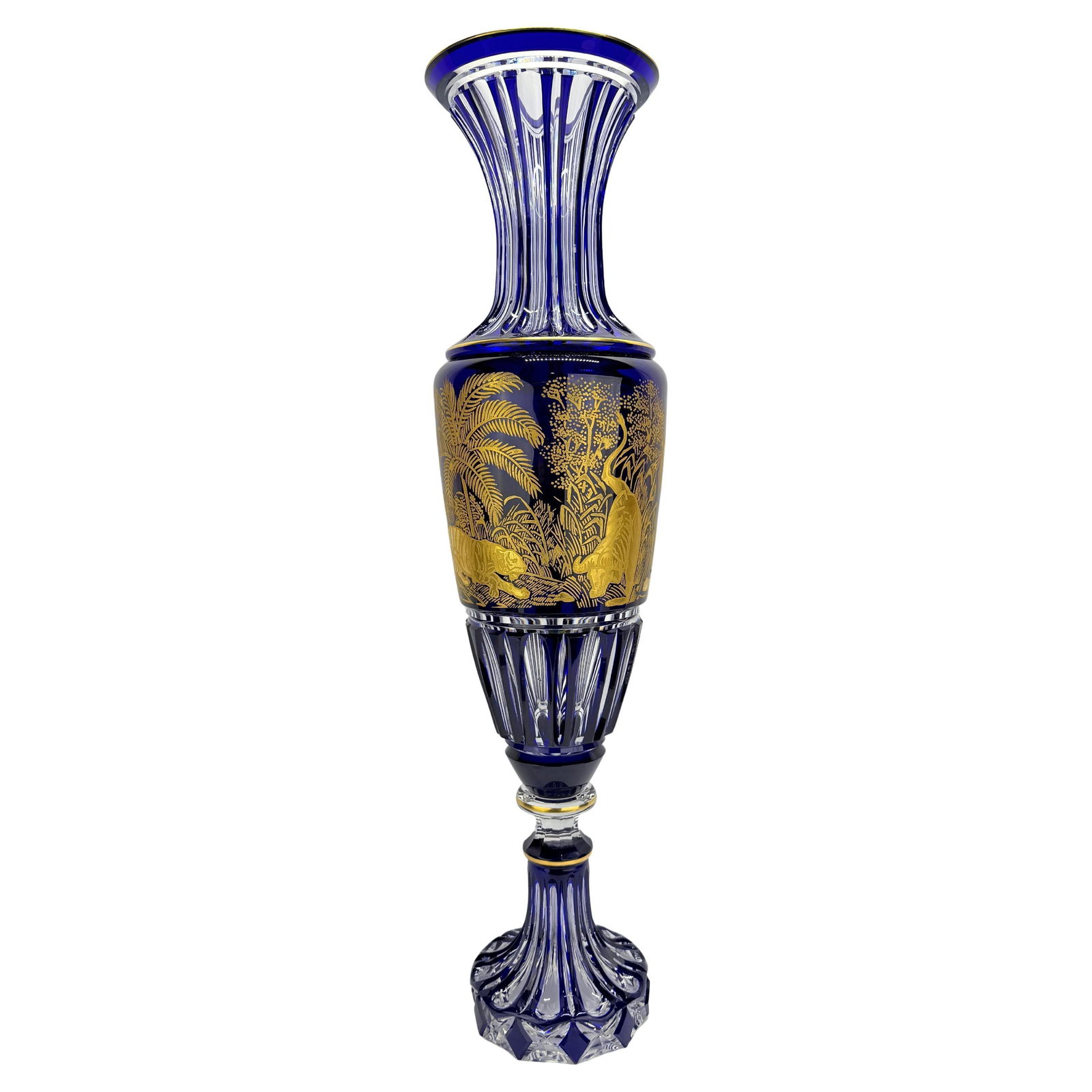 Saint Louis Art Deco Cobalt Crystal Vase African Jungle 25.5in: Saint Louis Art Deco Cobalt Crystal Vase African Jungle 25.5in This monumental cut-crystal vase from the late 19th century is an exquisite example of the craftsmanship from Verreries Royales de Saint-