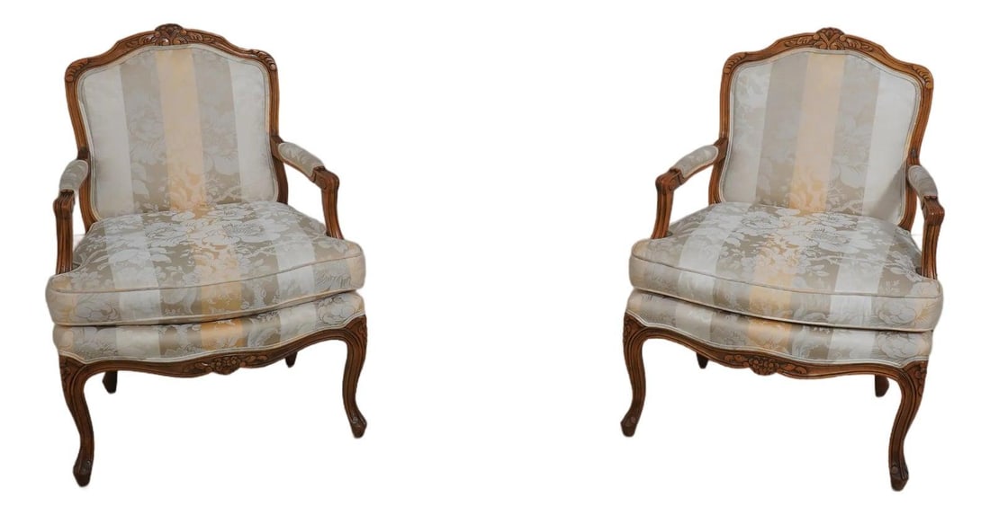 Vintage French Louis XV Walnut Fauteuil Armchairs Pair with Damask Upholstery (1 of 10)