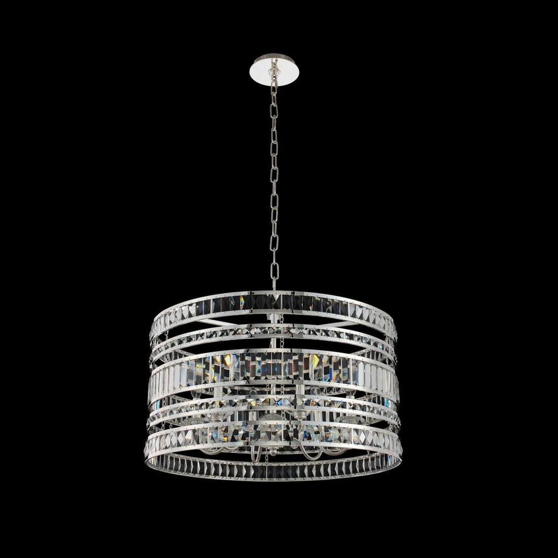 Kalco Strato Pendant Silver Crystal Chandelier Dimmable 20H 26W 26D: Kalco Strato Pendant Silver Crystal Chandelier Dimmable 20H 26W 26D Illuminate your space with the Strato Pendant, featuring a stunning design that combines polished silver and clear Firenze crystal.