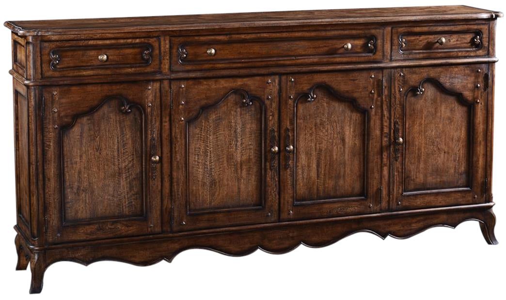 Rustic Pecan French Provincial Sideboard with Dovetail Construction: Rustic Pecan French Provincial Sideboard with Dovetail Construction Enhance your dining area with this Chic Four-Door French Provincial Sideboard, beautifully crafted to evoke a sense of vintage charm