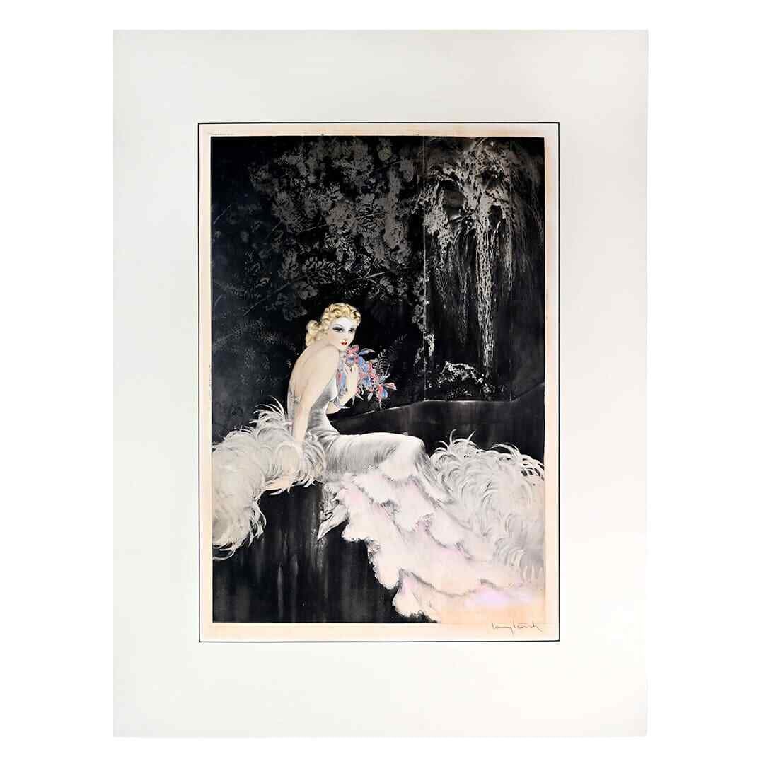 1937 Louis Icart Signed Etching Orchids Art Print: 1937 Louis Icart Signed Etching Orchids Art Print Discover the elegance of this original 1937 etching titled "Orchids" by renowned artist Louis Icart. This exquisite piece showcases a graceful woman a