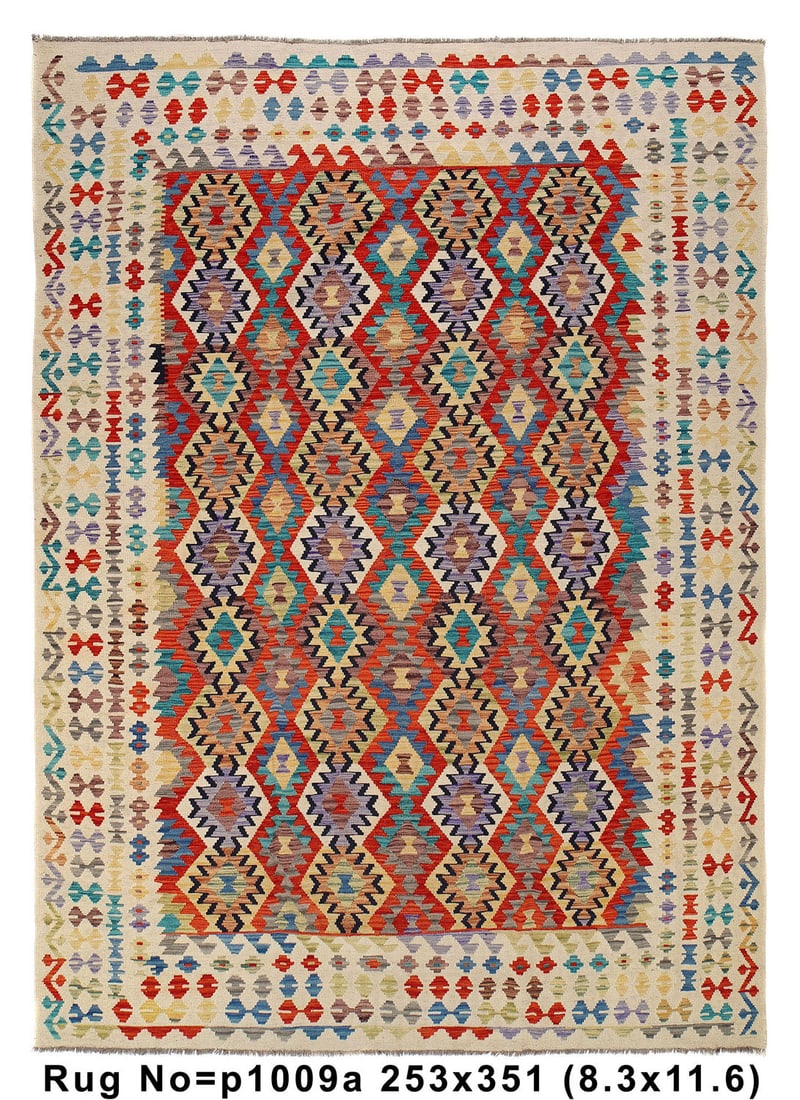 Vibrant Multi Color 8.4 x 11.6 Kilim Rug Natural Wool Vegetable Dye: Vibrant Multi Color 8.4 x 11.6 Kilim Rug Natural Wool Vegetable Dye Free continental US Shipping Enhance your living space with this vibrant 8.4 x 11.6 multi-color Kilim rug, expertly crafted using ve