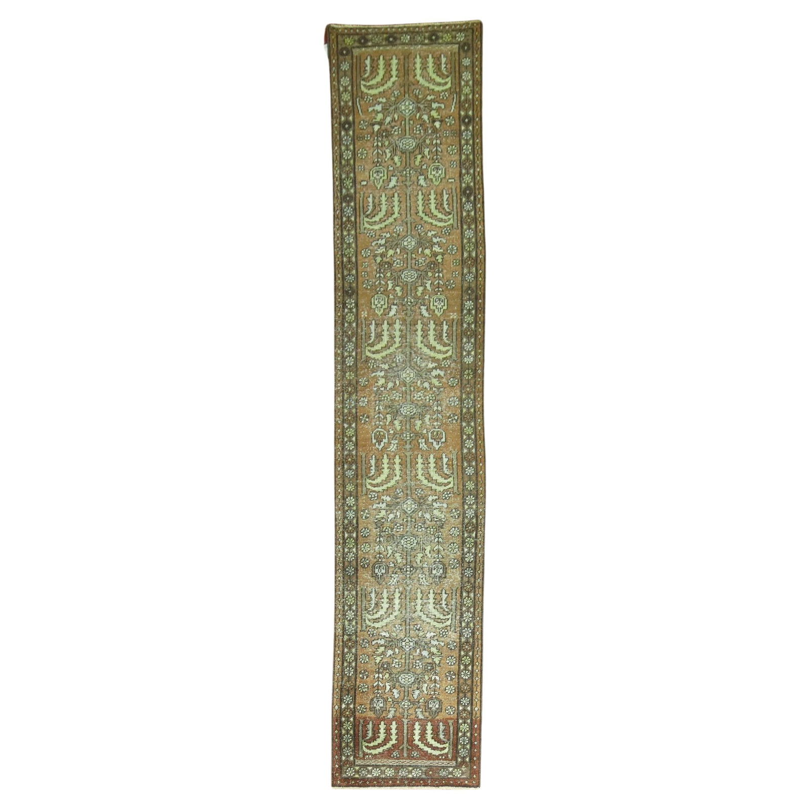 Antique Persian Heriz Hand-Knotted Runner 22x116 in Brown Green: Antique Persian Heriz Hand-Knotted Runner 22x116 in Brown Green This exquisite narrow antique Persian Heriz runner showcases a unique rustic style with its captivating brown and green hues. Hand-knott