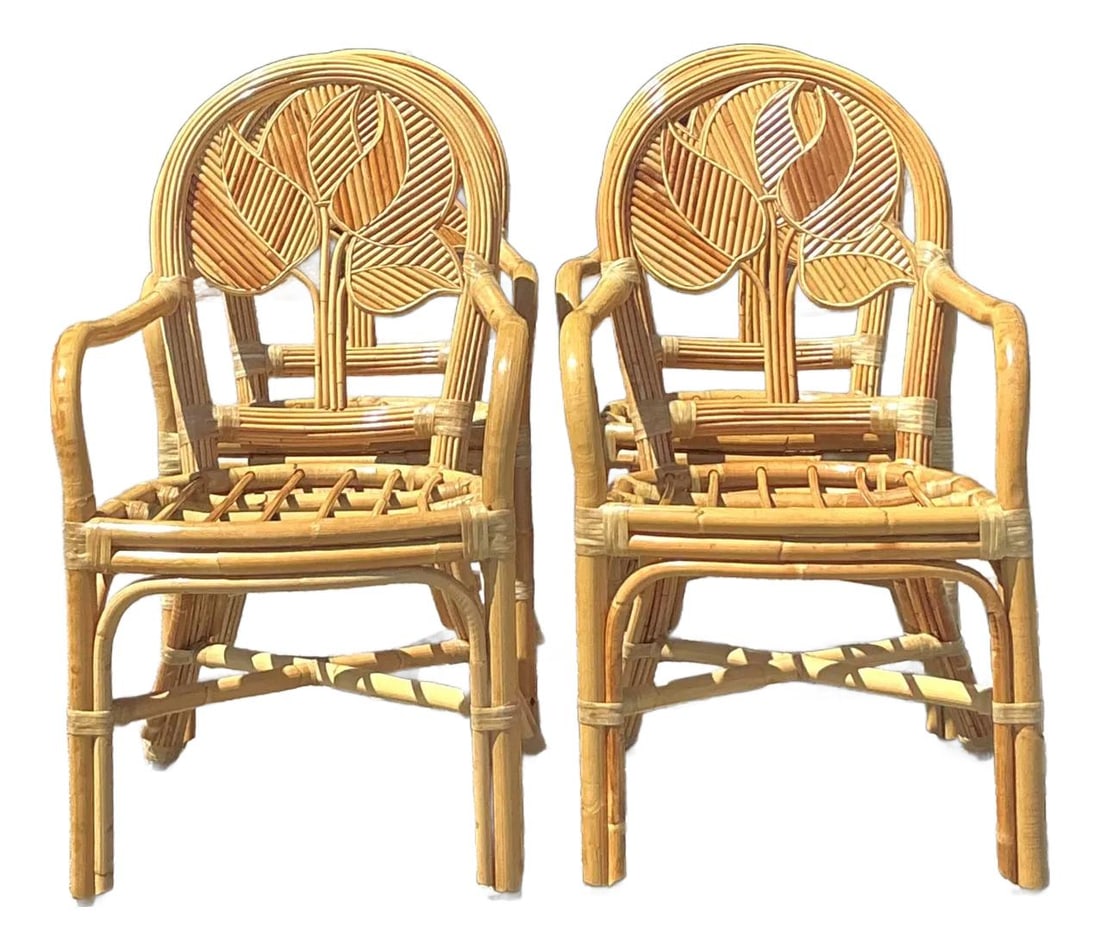 Vintage Coastal Rattan Dining Chairs Set of 4 with Botanical Design (1 of 10)