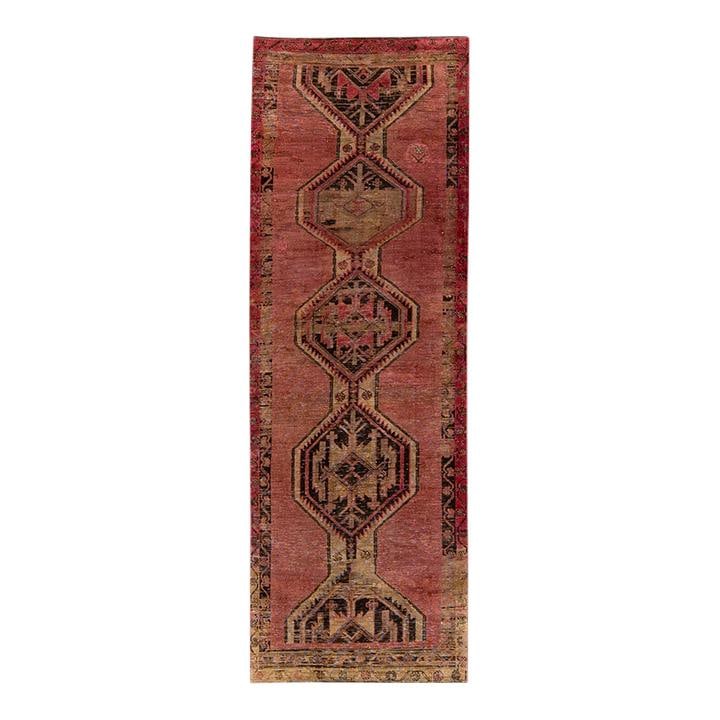 Vintage Persian Handmade Medallion Red Wool Runner 3'3 x 9'7: Vintage Persian Handmade Medallion Red Wool Runner 3'3 x 9'7 Discover the beauty of this vintage Persian hand-knotted wool runner, featuring a vibrant red color field complemented by a brown frame and