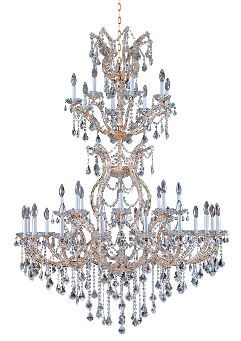 Alexandria Grand King K9 Crystal 32-Light Gold Chandelier 68in Modern Ceiling Fixture: Alexandria Grand King K9 Crystal 32-Light Gold Chandelier 68in Modern Ceiling Fixture This large Maria Theresa style chandelier features 32 lights and is crafted with high-quality Grand King K9 crysta