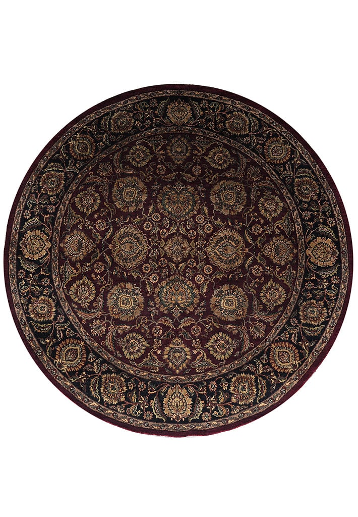 93 in Round Hand-Knotted Wool Jaipur Rug Burgundy Traditional India: 93 in Round Hand-Knotted Wool Jaipur Rug Burgundy Traditional India Free continental US Shipping This 7.9 x 7.9 round Jaipur rug showcases traditional craftsmanship with a dense hand-knotted wool pile
