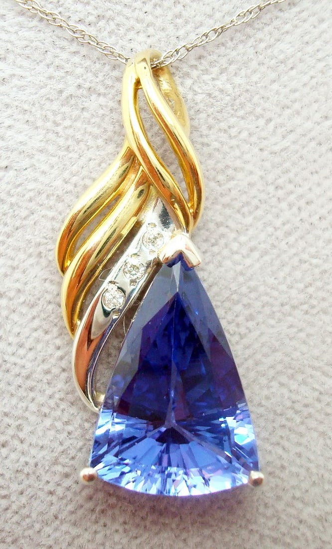 14k Gold Tanzanite Pendant 3.47ct Trillion Cut with Diamonds GIA Certified (1 of 7)