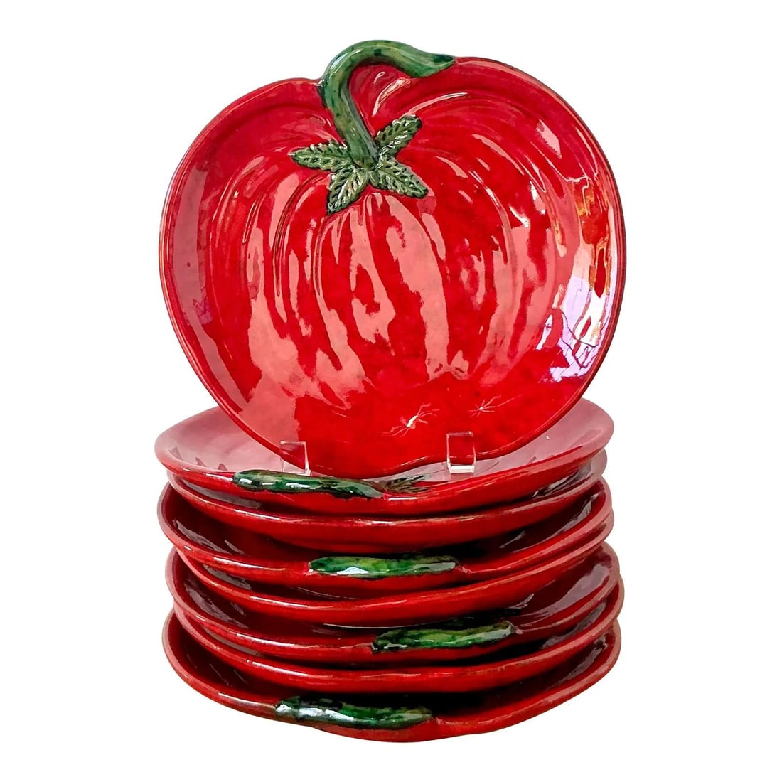 Set of 8 Italian Majolica Tomato Shaped Glazed Ceramic Plates From the 1960s: Set of 8 Italian Majolica Tomato Shaped Glazed Ceramic Plates From the 1960s This set of eight vintage Italian majolica plates from the 1960s features a vibrant, high-gloss red glaze and whimsical tom