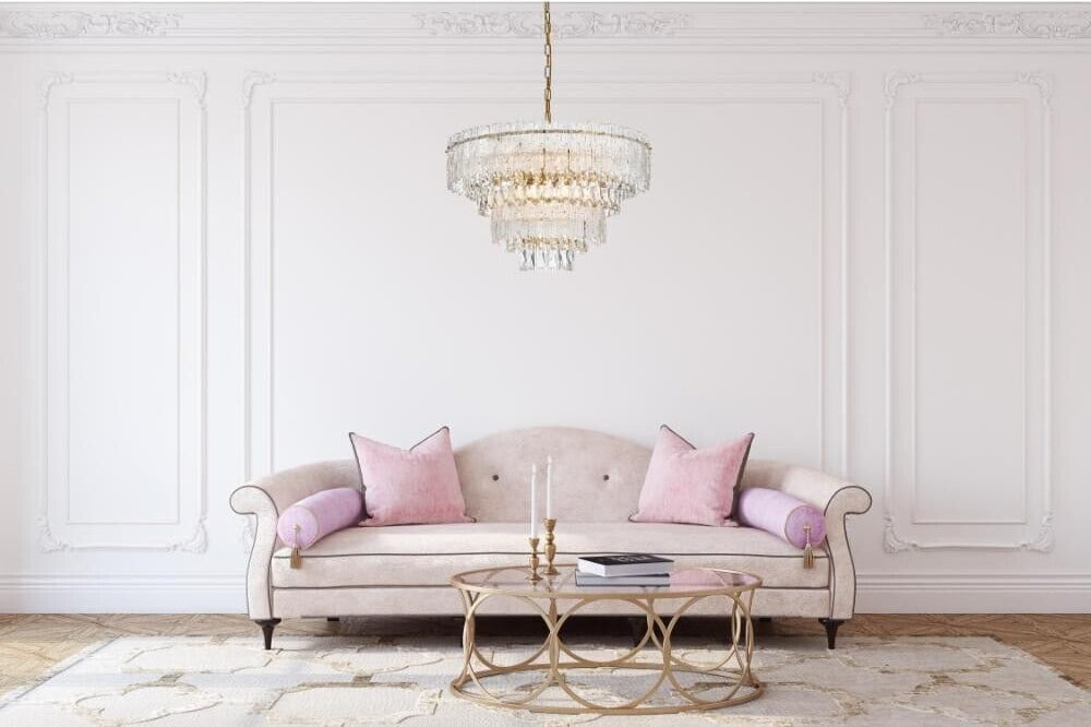 Emilia 8-Light Modern Crystal Ceiling Chandelier Satin Gold 25 Inch Diameter: Emilia 8-Light Modern Crystal Ceiling Chandelier Satin Gold 25 Inch Diameter This modern chandelier features a satin gold finish and is adorned with royal cut clear crystals, offering a sophisticated