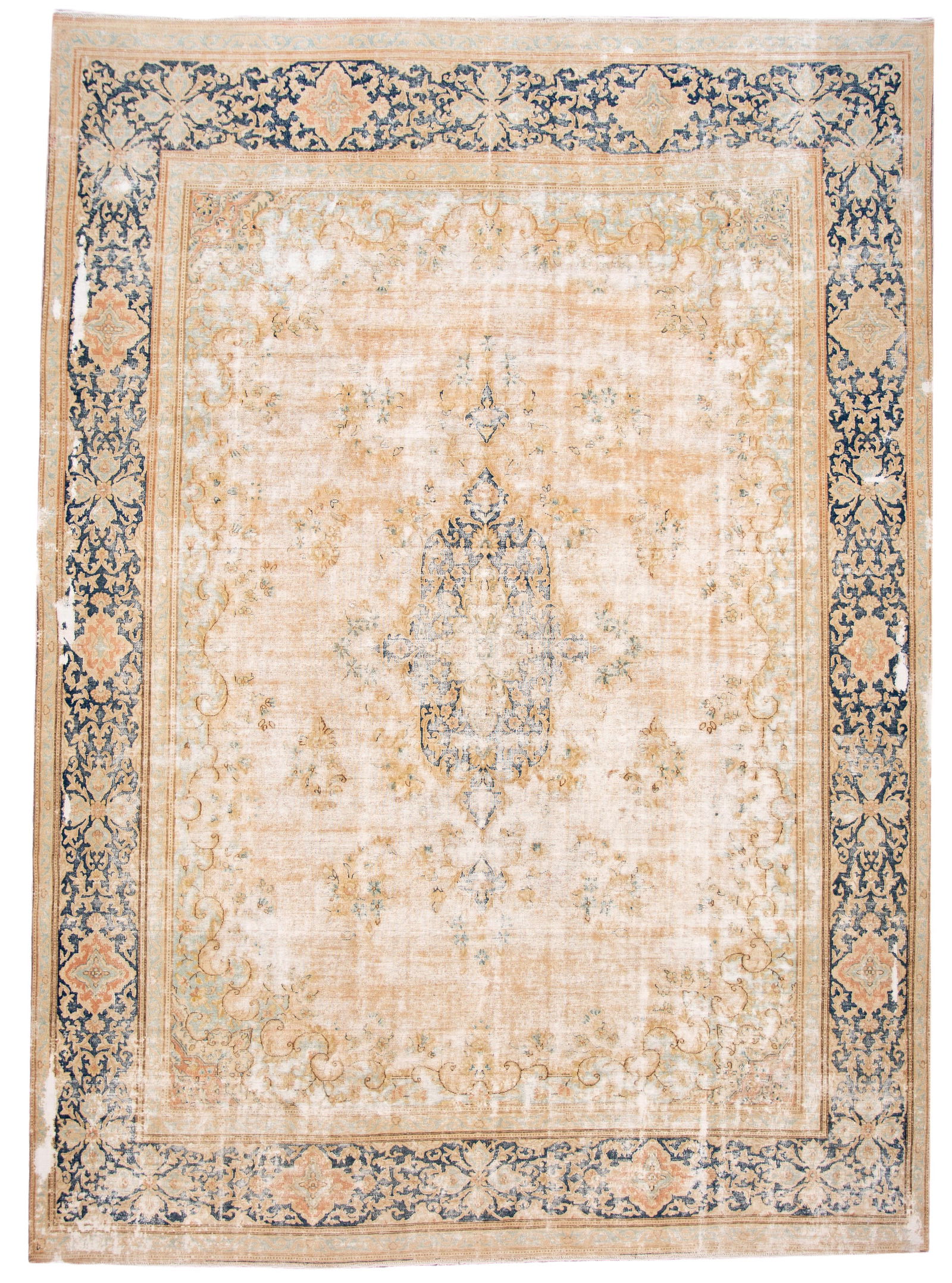 Mid-Century Vintage Hand-Knotted Wool Rug 9'10 x 13'7 Tan Floral Design (1 of 10)