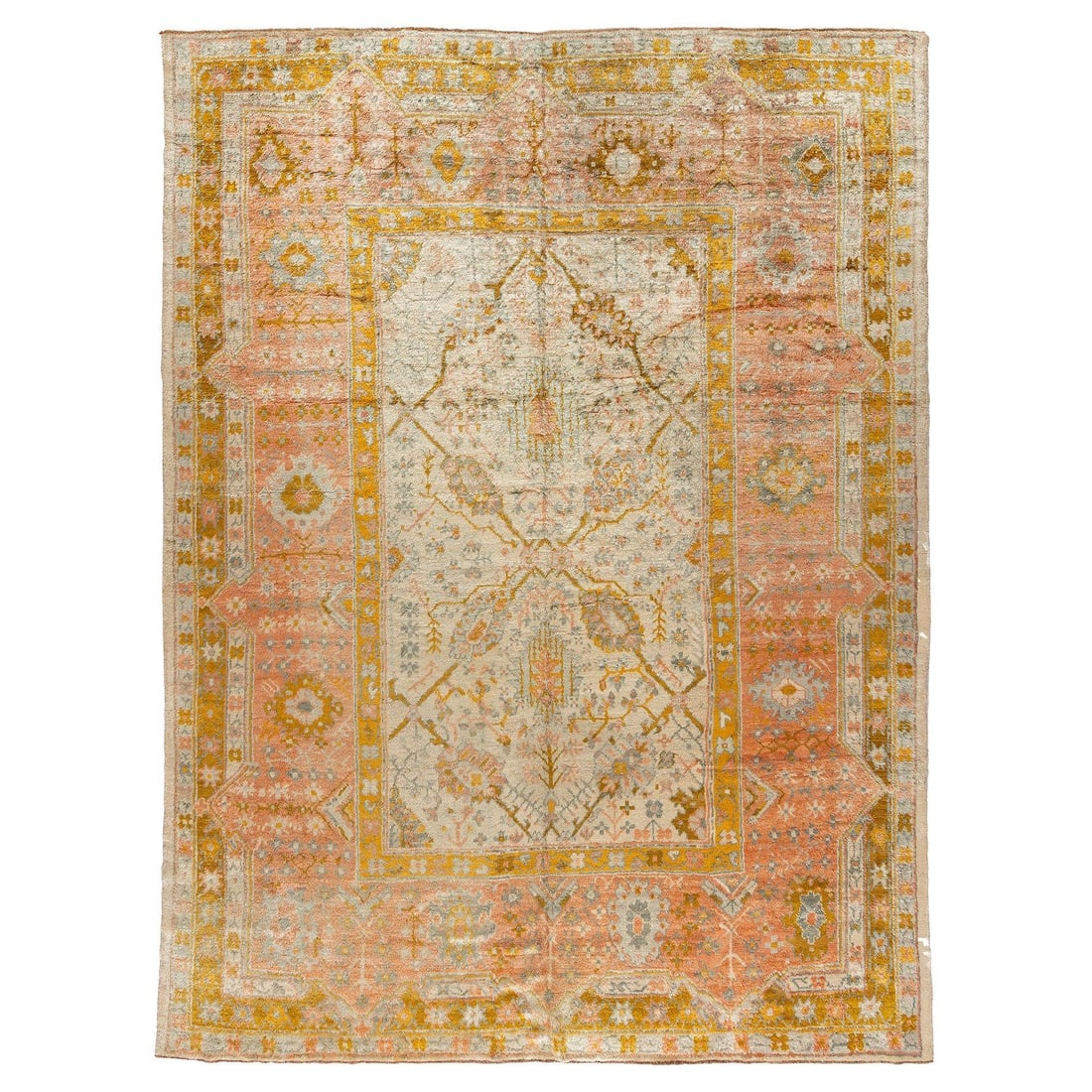 Rare Ivory Angora Antique Oushak Rug 8'5 x 11'2 Hollywood Regency: Rare Ivory Angora Antique Oushak Rug 8'5 x 11'2 Hollywood Regency This exquisite antique Oushak rug from the early 20th century showcases a stunning combination of colors and patterns, making it a per