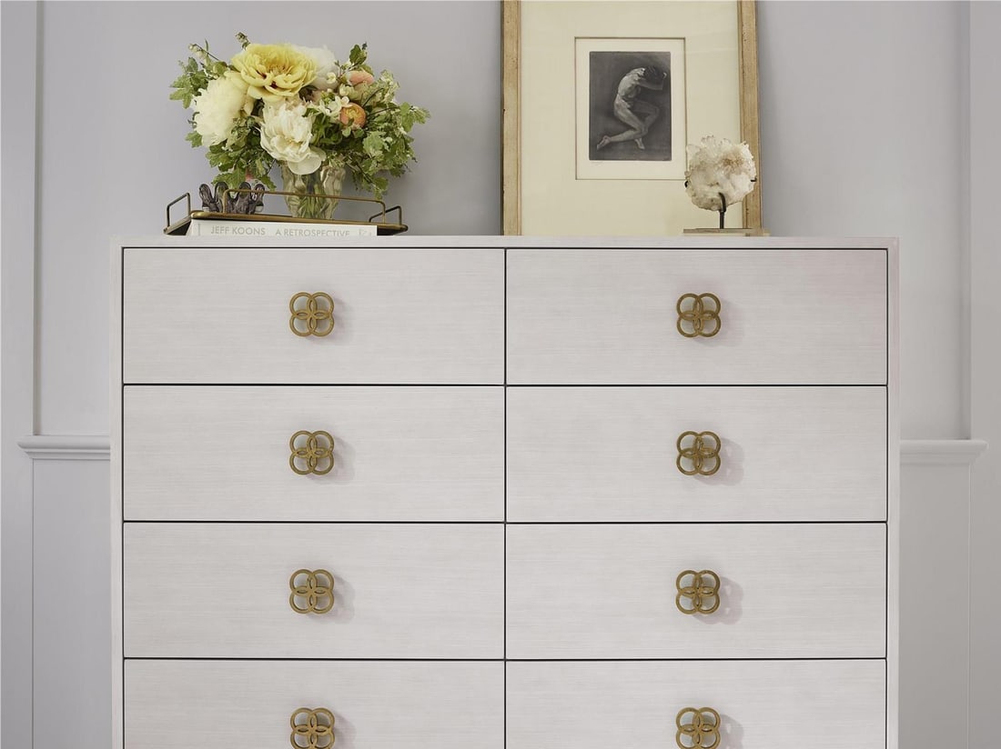 Miranda Kerr Alabaster Peony Drawer Chest Transitional Style: Miranda Kerr Alabaster Peony Drawer Chest Transitional Style Enhance your space with the elegant Alabaster Peony Drawer Chest designed by Miranda Kerr. This stunning piece features a soft gold accent
