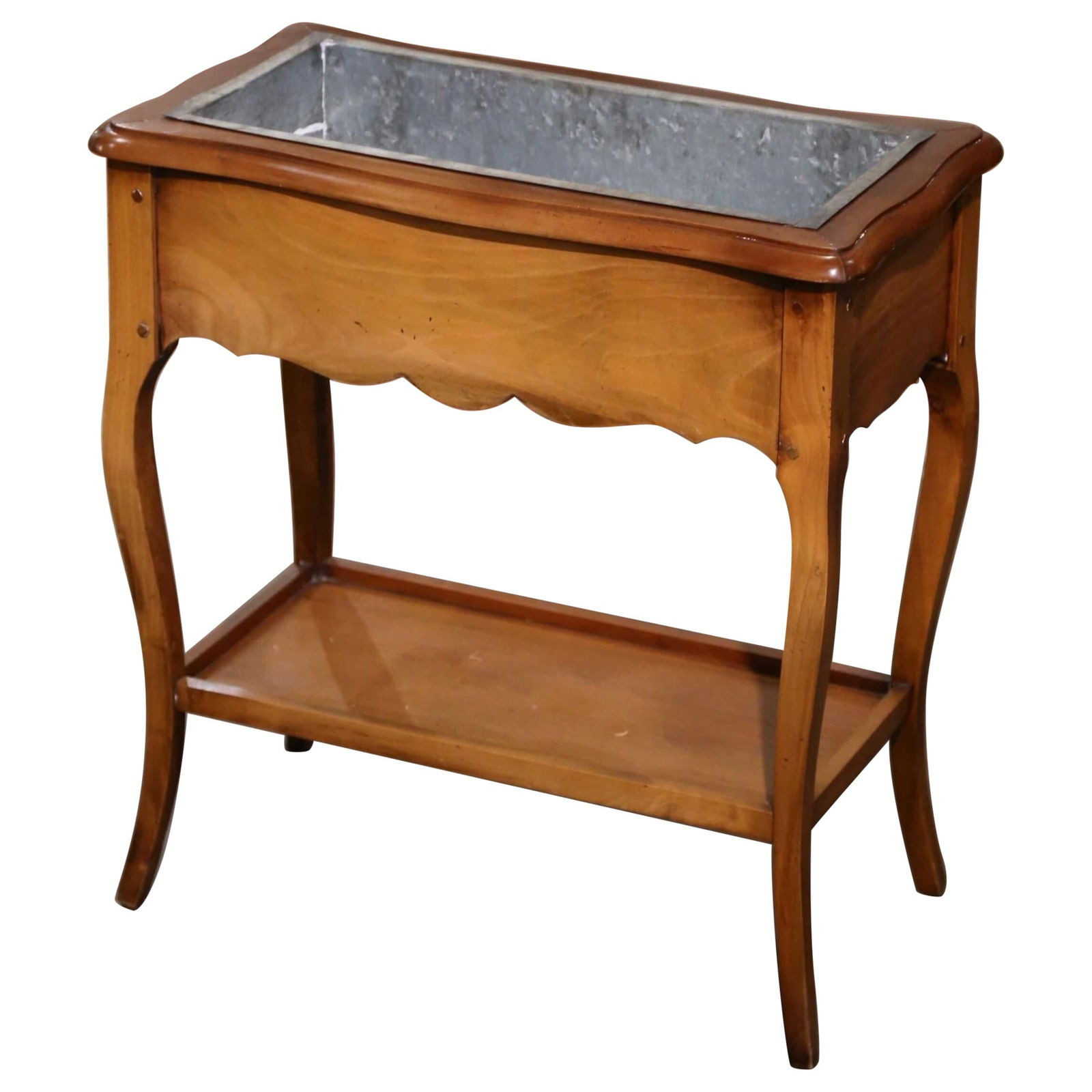 French Cherry Wood Plant Stand with Zinc Liner Louis XV Style circa 1970: French Cherry Wood Plant Stand with Zinc Liner Louis XV Style circa 1970 This mid-century French plant stand, crafted in the Louis XV style, features hand-carved cherry wood with a rich walnut patina.