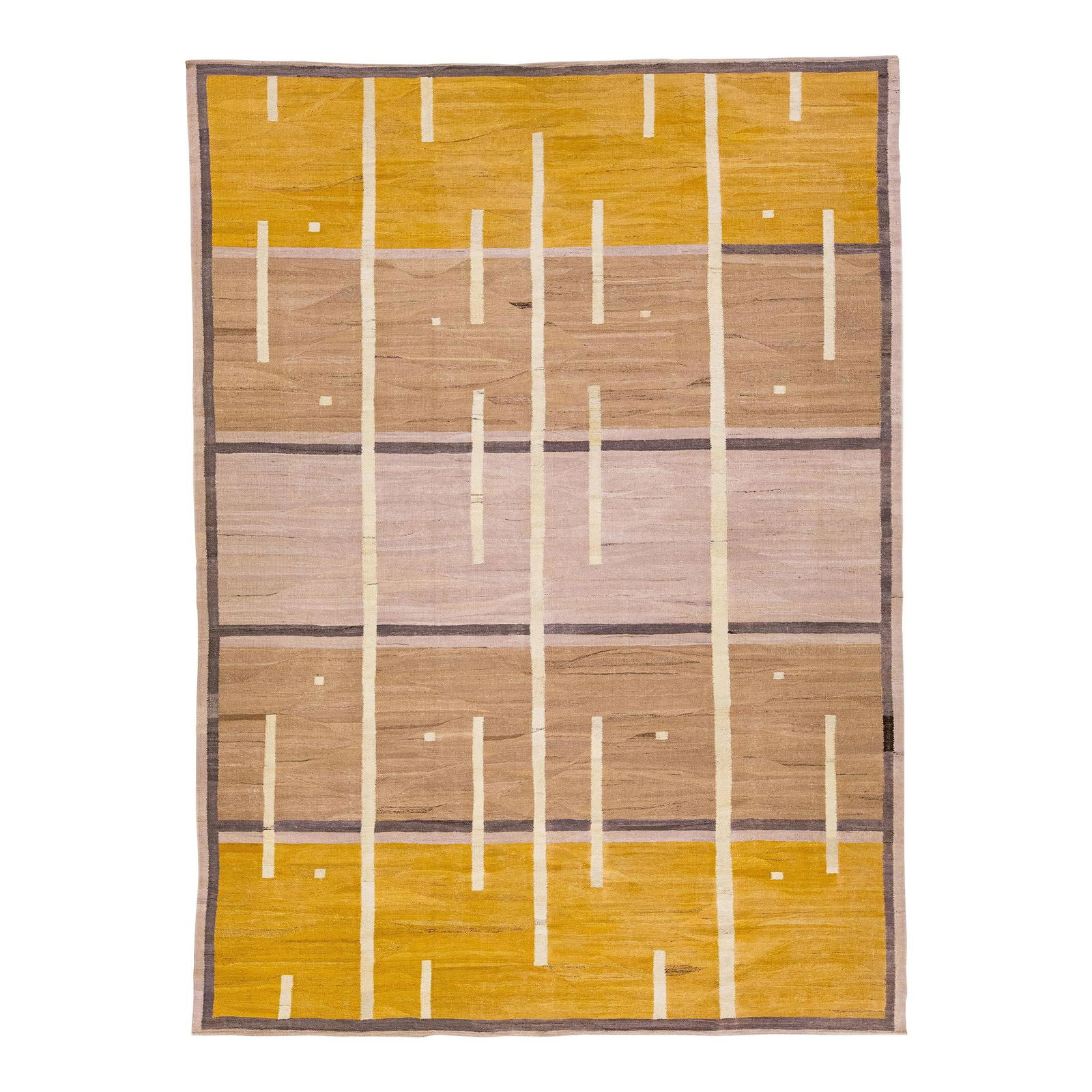 2020s Modern Kilim Wool Rug Brown Yellow Deco Motif 10' x 13'9 (1 of 7)
