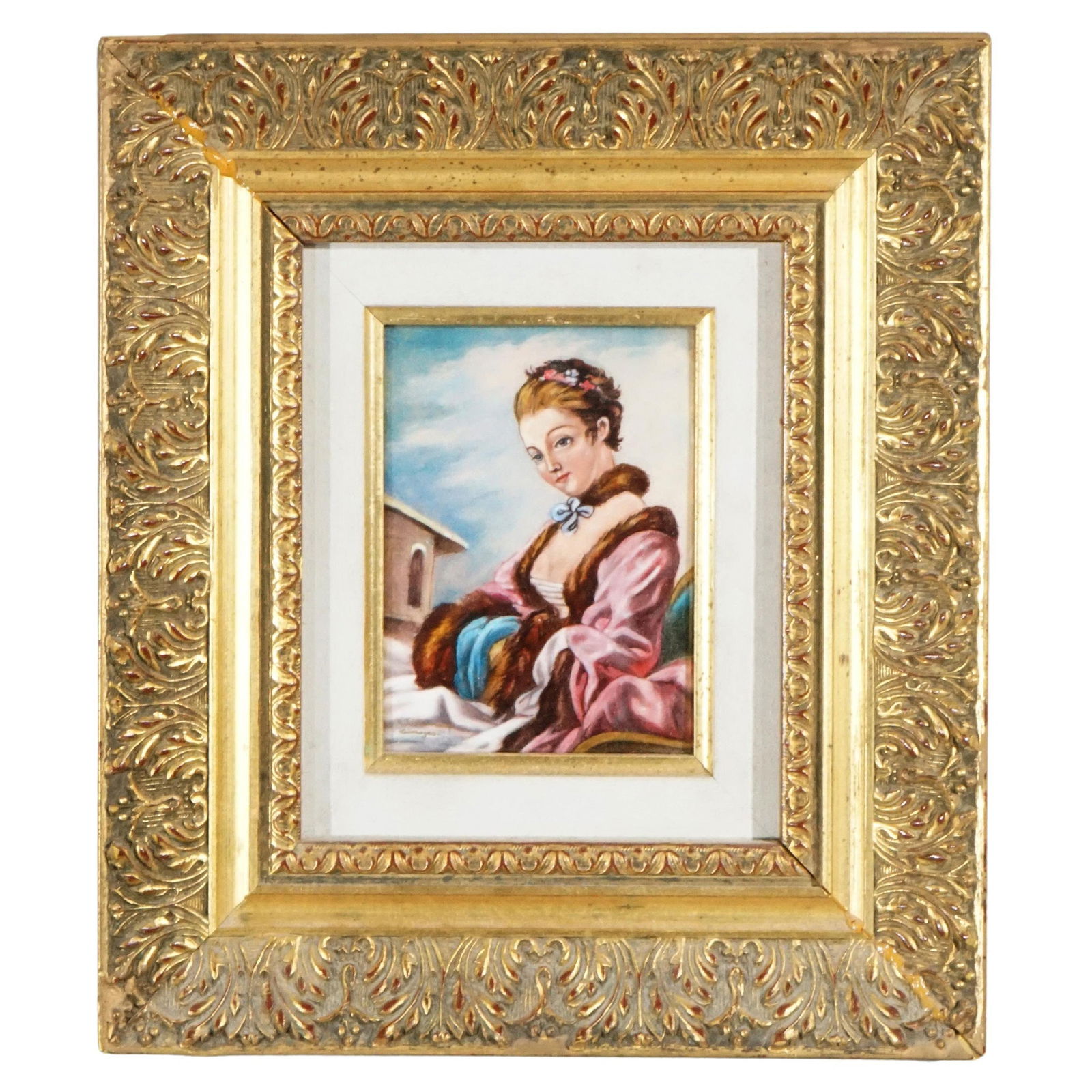 20th Century Limoges Enamel on Copper Woman Portrait Painting: 20th Century Limoges Enamel on Copper Woman Portrait Painting This exquisite 20th-century French Limoges enamel on copper portrait painting features a beautifully detailed depiction of a woman in peri