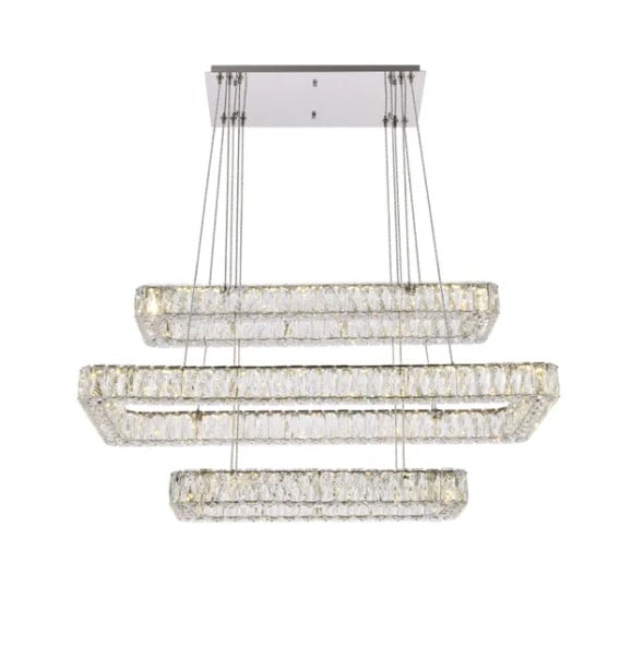 Monroe 42 Inch Modern Chrome Crystal LED Chandelier Three Tier Ceiling Fixture: Monroe 42 Inch Modern Chrome Crystal LED Chandelier Three Tier Ceiling Fixture This large modern chandelier features a three-tier design with royal cut clear crystals and a chrome finish. The fixture