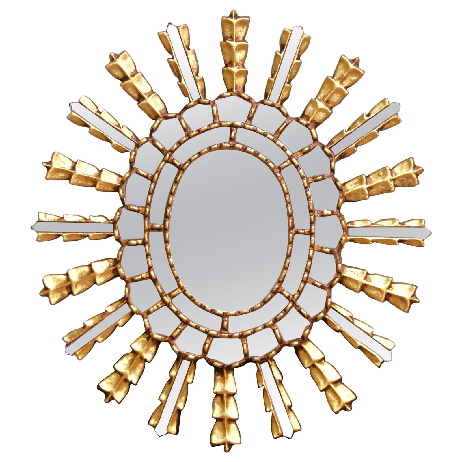 French 1950s Giltwood Sunburst Wall Mirror with Carved Details and Glass Insets (1 of 6)