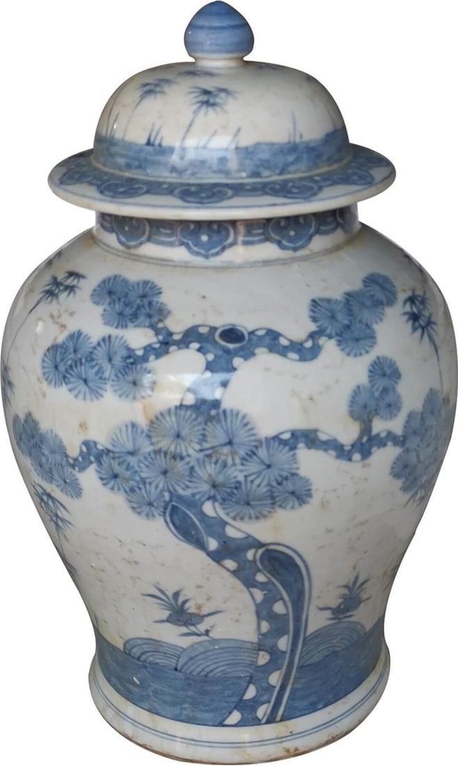Handmade Blue White Ceramic Temple Jar with Pine Motifs: Handmade Blue White Ceramic Temple Jar with Pine Motifs This exquisite Traditional Ceramic Temple Jar showcases intricate pine motifs, reflecting the elegance of Ming style craftsmanship. Handmade wit