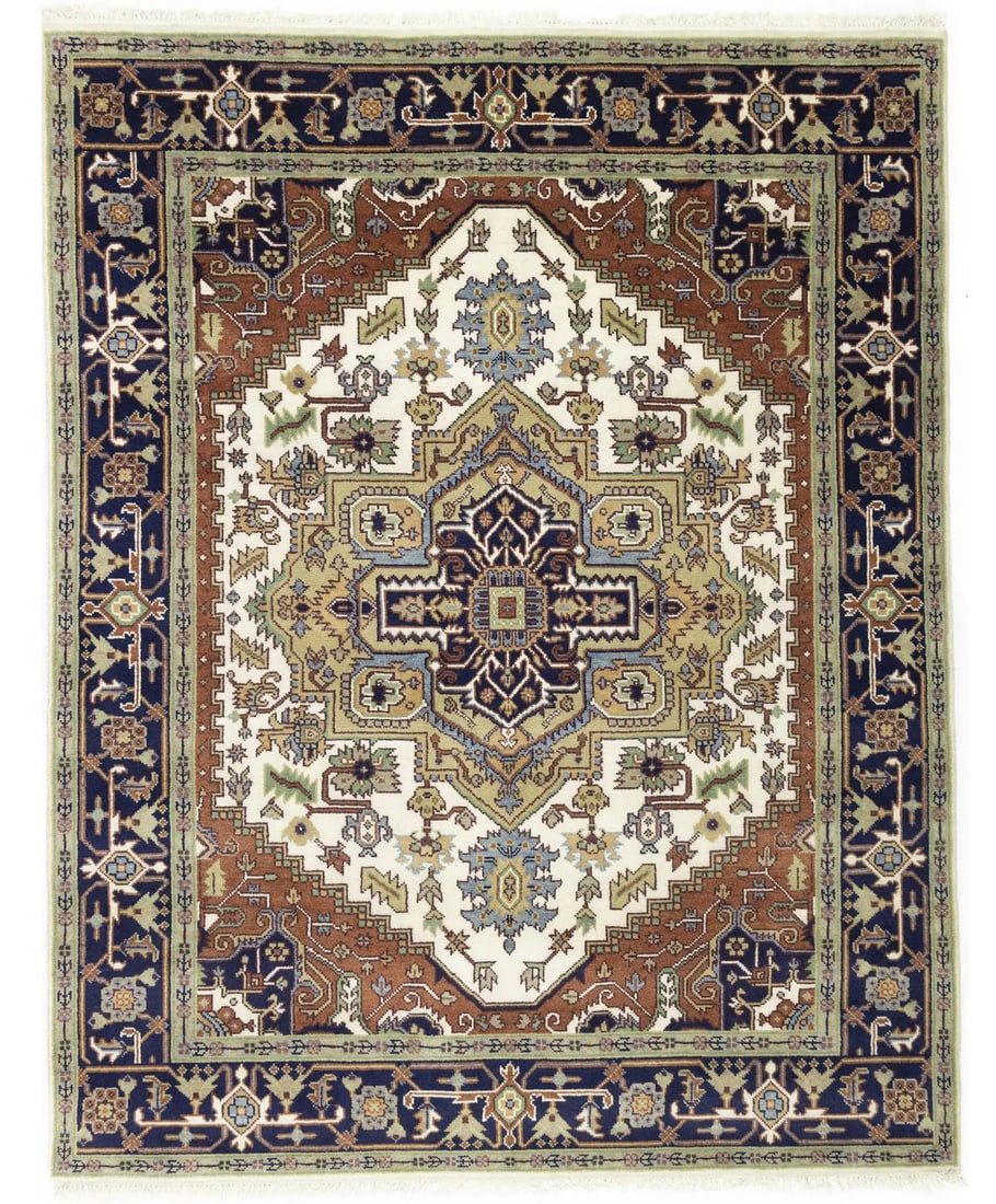 Hand-Knotted Wool Area Rug 8x10 Geometric Heriz Serapi Style from India: Hand-Knotted Wool Area Rug 8x10 Geometric Heriz Serapi Style from India This traditional Heriz Serapi rug features a geometric pattern in cream, rust orange, dark purple-navy, and light green tones. H