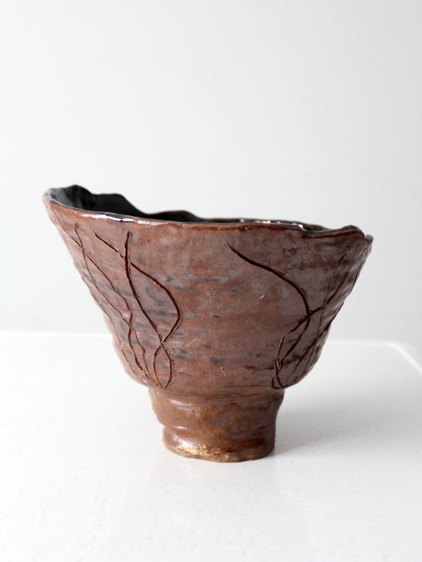 Signed Vintage Abstract Pottery Bowl with Etched Designs (1 of 13)