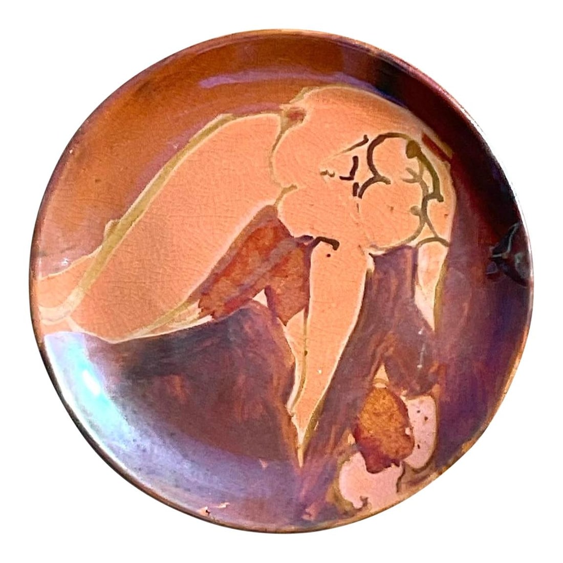 Vintage Boho Hand Painted Nude Pottery Plate 9.5 Brown (1 of 6)
