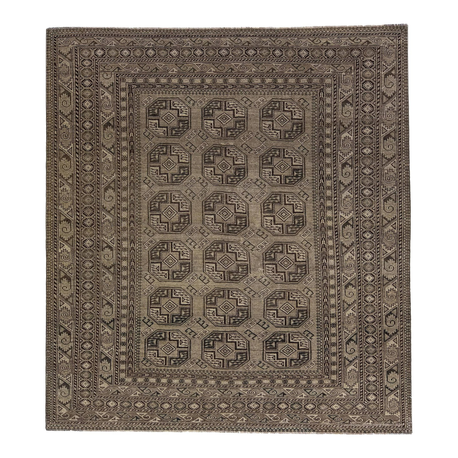 Antique Persian Turkmen Wool Rug 8'1 x 9' Gray with Geometric Design: Antique Persian Turkmen Wool Rug 8'1 x 9' Gray with Geometric Design Discover the charm of this exquisite 1930s gray antique Persian Turkmen handmade wool rug. Crafted with care, this rug features a s