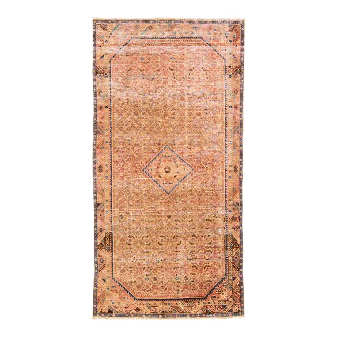 1960s Handmade Peach Wool Runner Geometric Distressed Design: 1960s Handmade Peach Wool Runner Geometric Distressed Design This exquisite vintage wool runner rug features a beautiful all-over hand-knotted design in a soft peach hue, complemented by blue and brow