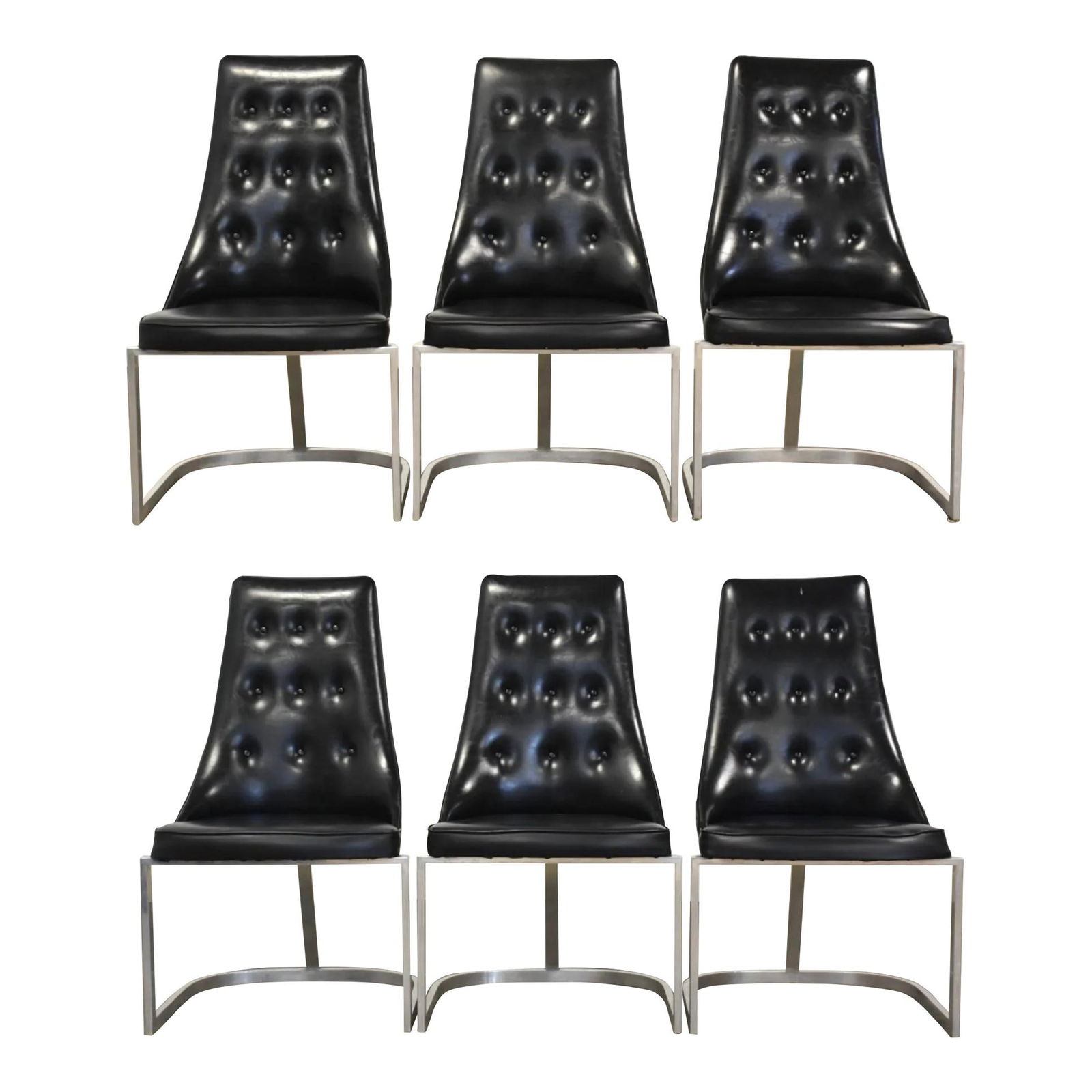Mid Century Modern Black Vinyl Aluminum Dining Chairs Set of 6: Mid Century Modern Black Vinyl Aluminum Dining Chairs Set of 6 This set of six dining chairs embodies mid-century modern design, featuring a sturdy aluminum base paired with sleek black vinyl upholste