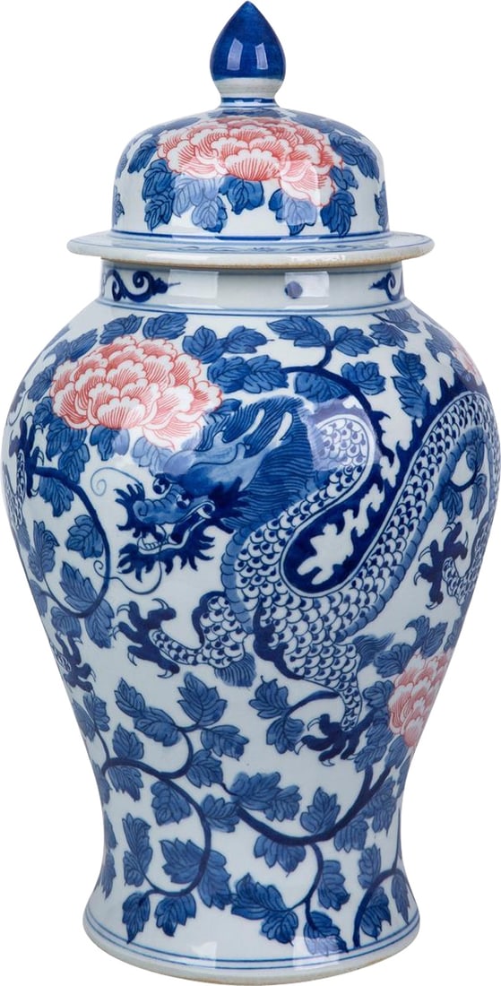 Asian Antique Style Peony Dragon Temple Jar Red Ceramic 22H: Asian Antique Style Peony Dragon Temple Jar Red Ceramic 22H This stunning Peony Dragon Jar showcases a captivating design in bold red hues, perfect for adding a touch of Asian antique elegance to your