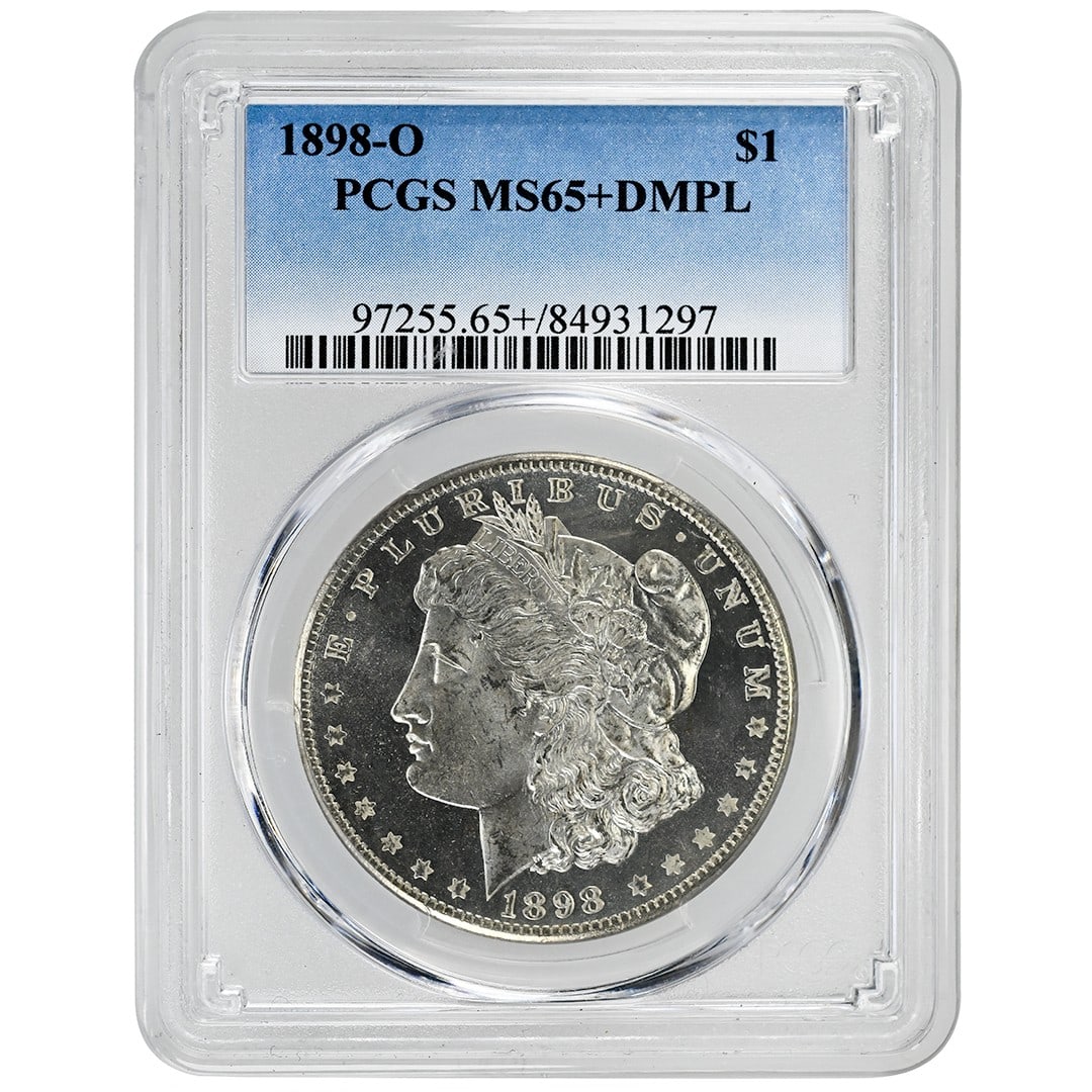 PCGS MS65+DMPL 1898-O Silver Morgan Dollar Deep Mirror Proof-Like: PCGS MS65+DMPL 1898-O Silver Morgan Dollar Deep Mirror Proof-Like This 1898-O Morgan Dollar is a rare collectible coin, certified by PCGS with a grade of MS65+DMPL. It features a deep mirror proof-lik