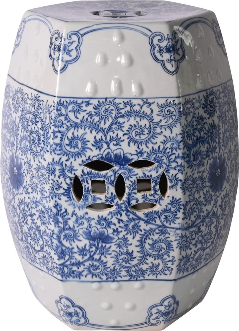 Handmade Blue and White Lotus Hexagonal Stool Asian Antique Style: Handmade Blue and White Lotus Hexagonal Stool Asian Antique Style This exquisite Traditional Blue and White Lotus Stool is a stunning piece of decor that showcases a beautiful backless hexagonal desig